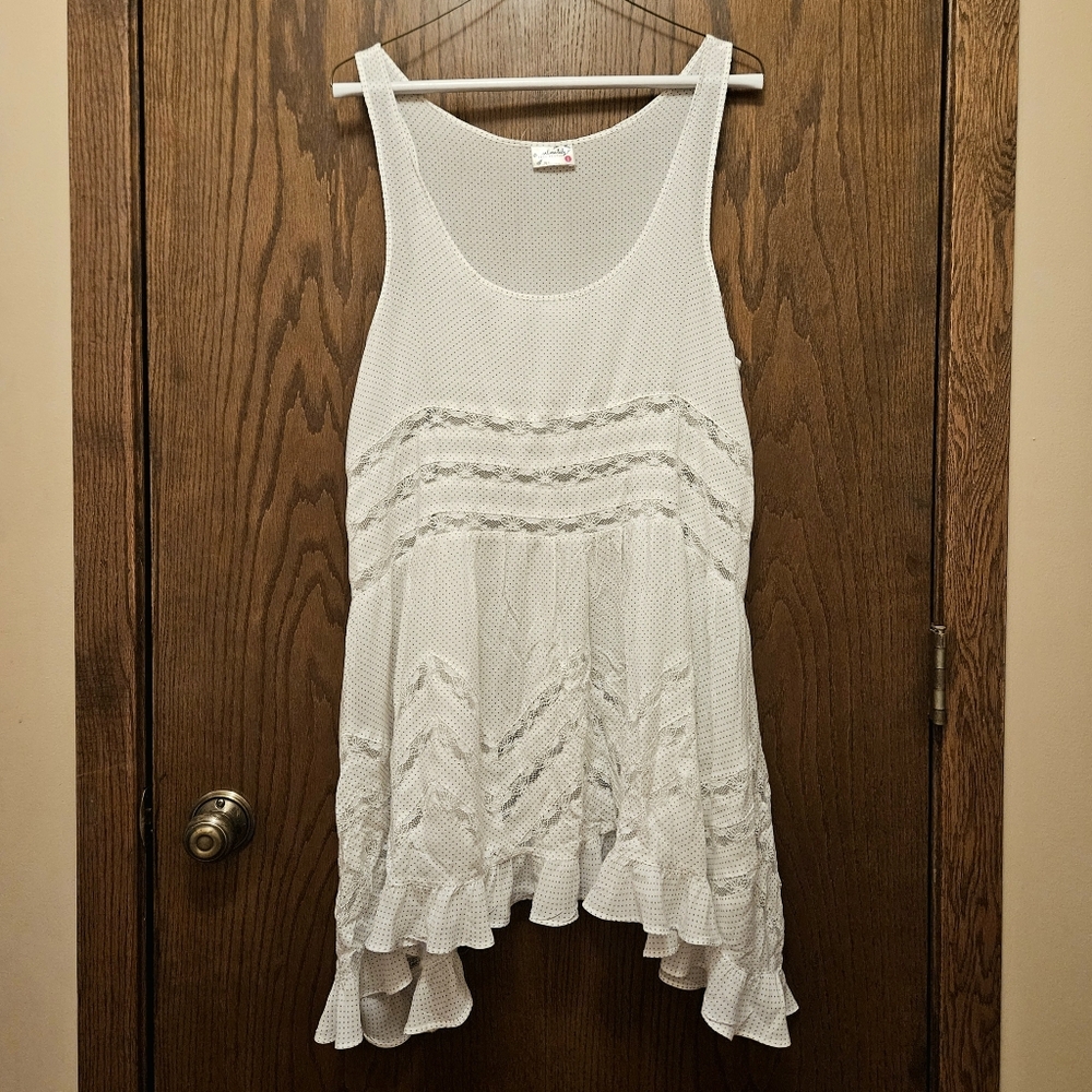 LIKE NEW Free People Voile and Lace Trapeze Slip Dress Lace Polkadot Top Size L